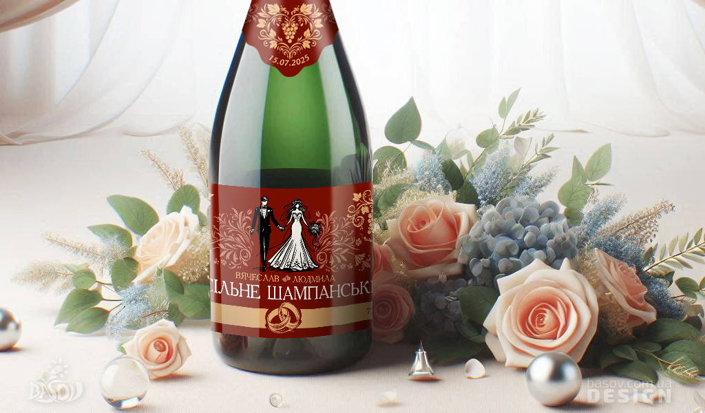 Етикетка для весільного шампанського з декоративними виноградними елементами золотом на бордовому