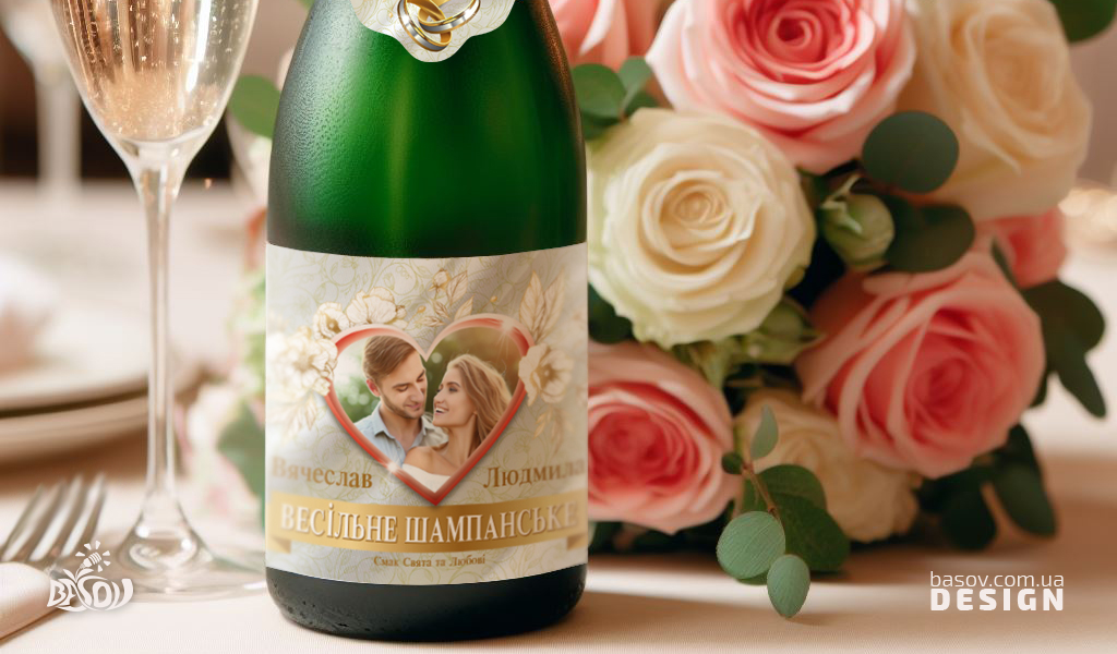 Етикетка на весільне шампанське в світлих тонах з фотографією