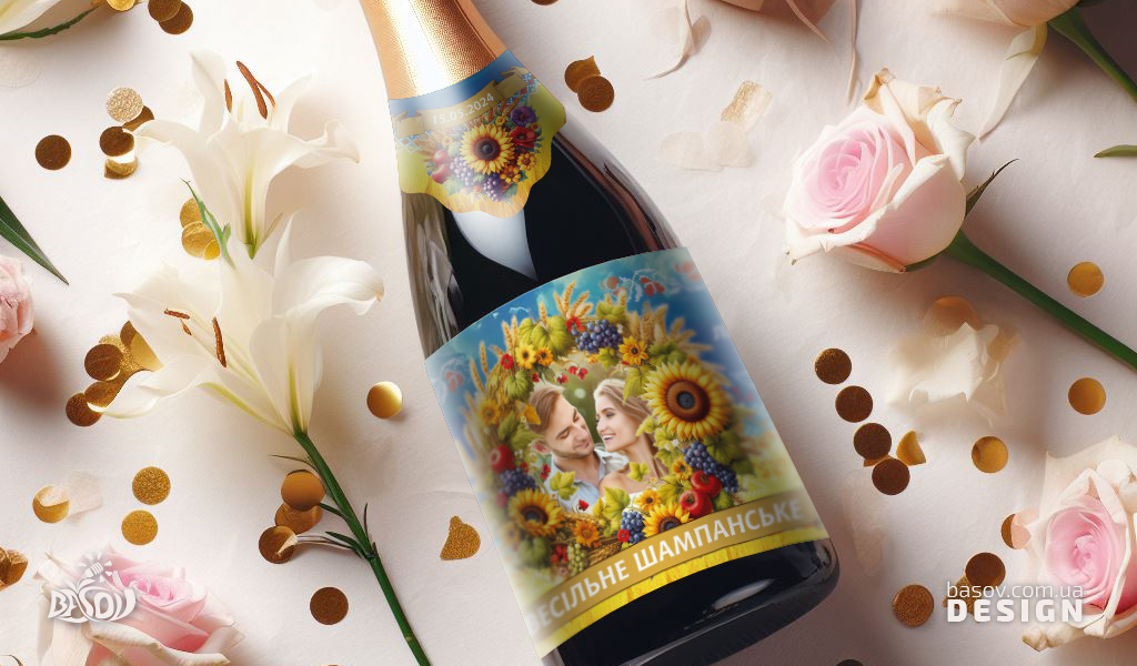 Етикетка на весільне шампанське в Українській стилистиці