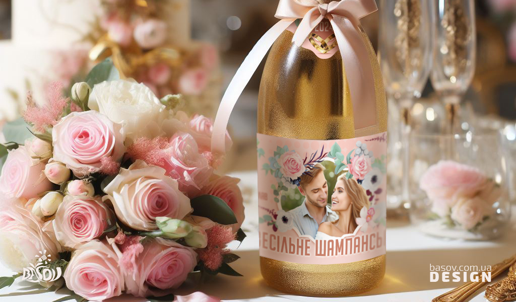 Етикетка на весільне шампанське з квітами та пастельними тонами