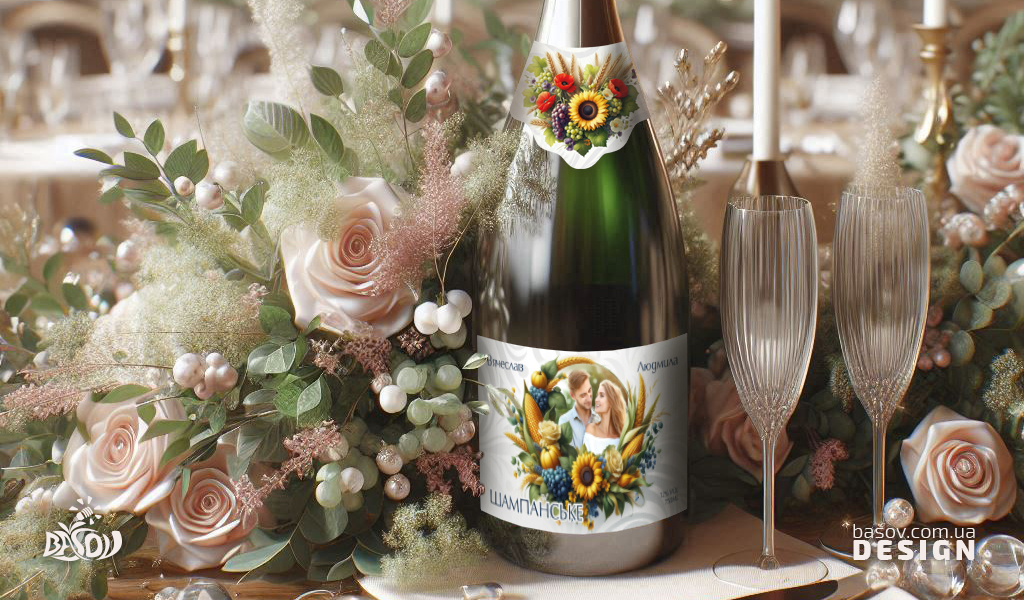 Весільна етикетка для шампанського – розкішне оформлення із соняшниками, маками та виноградом для незабутнього святкування