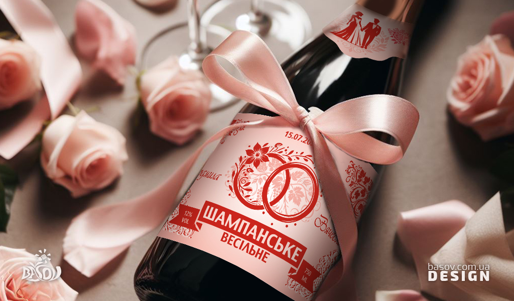 Весільна етикетка для шампанського з обручками та парою молодят романтичний комплект у ніжно-рожевих тонах 