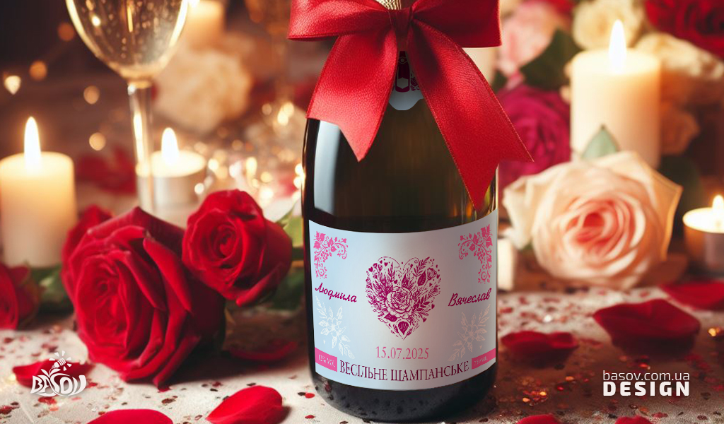 Весільні етикетки шампанського з романтичним дизайном у рожево синіх тонах — комплект із 3 частин для декору пляшки