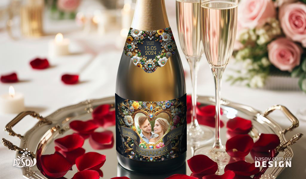 Весільний комплект етикеток у темному стилі — чорний фон, яскраві квіти та дорогоцінне каміння для елегантного святкового оформлення