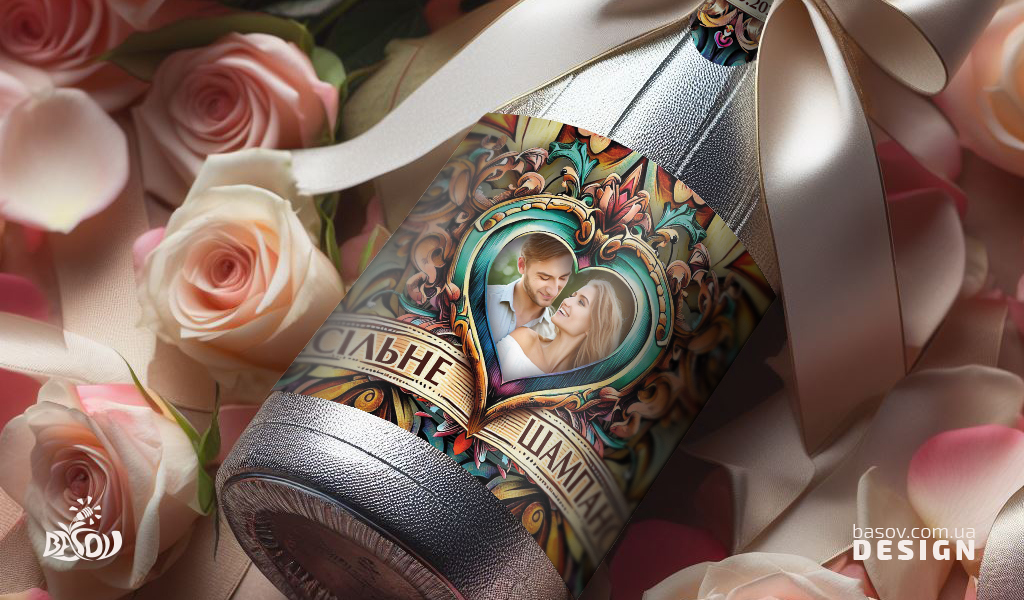 Етикетка на весільне шампанське з абстрактним яскравим фоном