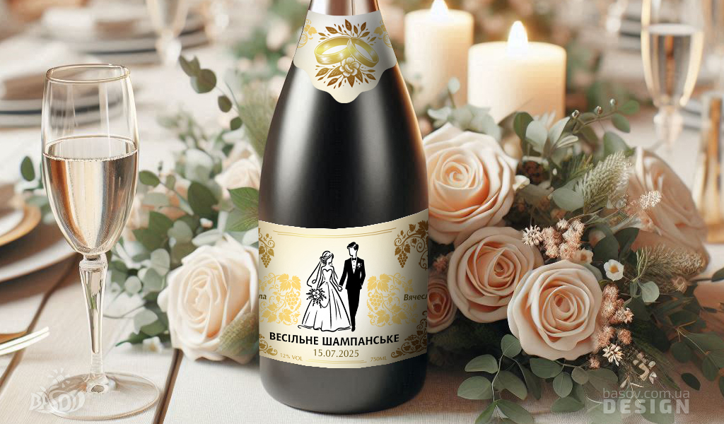 Золоті обручки на весільному шампанському етикетка з виноградним орнаментом в світлих тонах